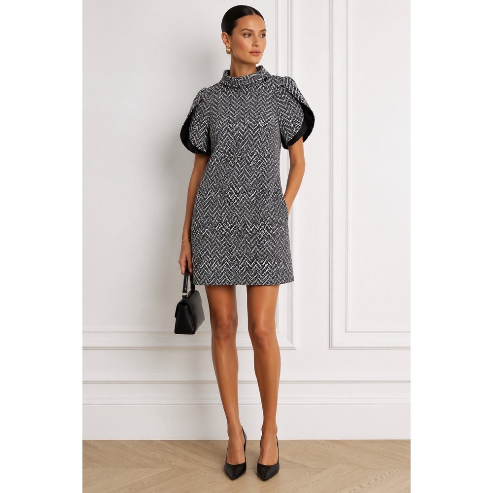 Trina Turk Size 6 Black White Textured Shift Dress Tulip Sleeve Mod